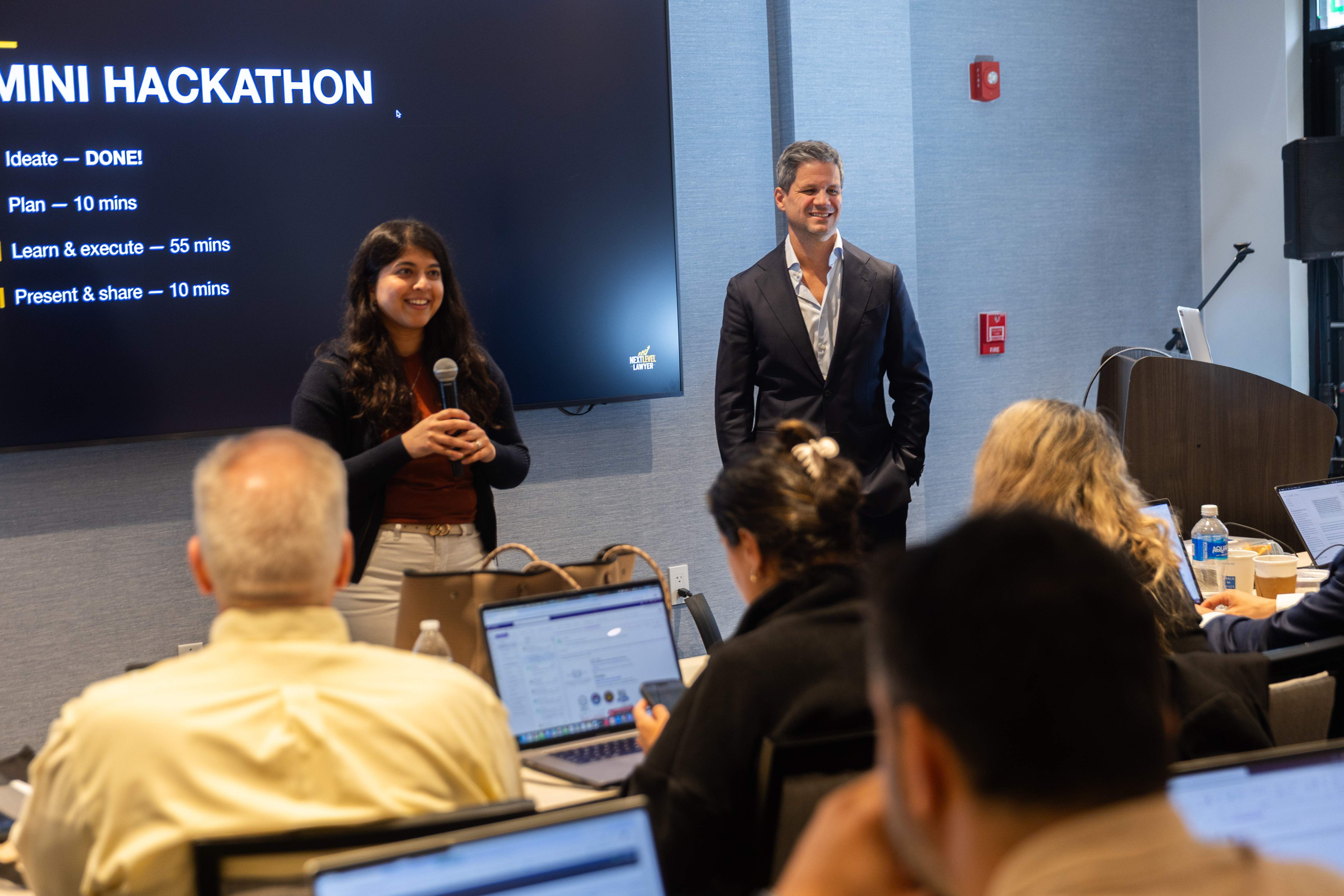 A Next Level Lawyer workshop participant presenting during a mini hackathon.