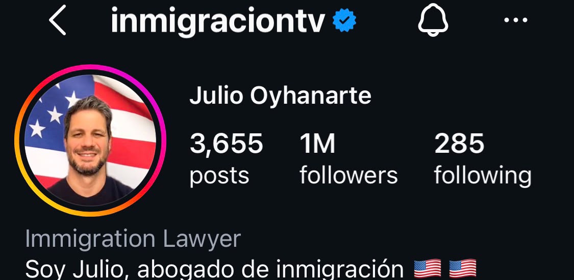 Instagram profile @inmigraciontv, Julio Oyhanarte, 1M followers